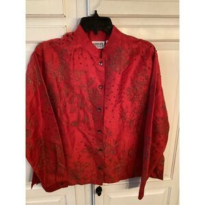 Chico’s Design 100% Silk Button Up Jacket Kimono Sz 1 (8/10)Red Embroidered
